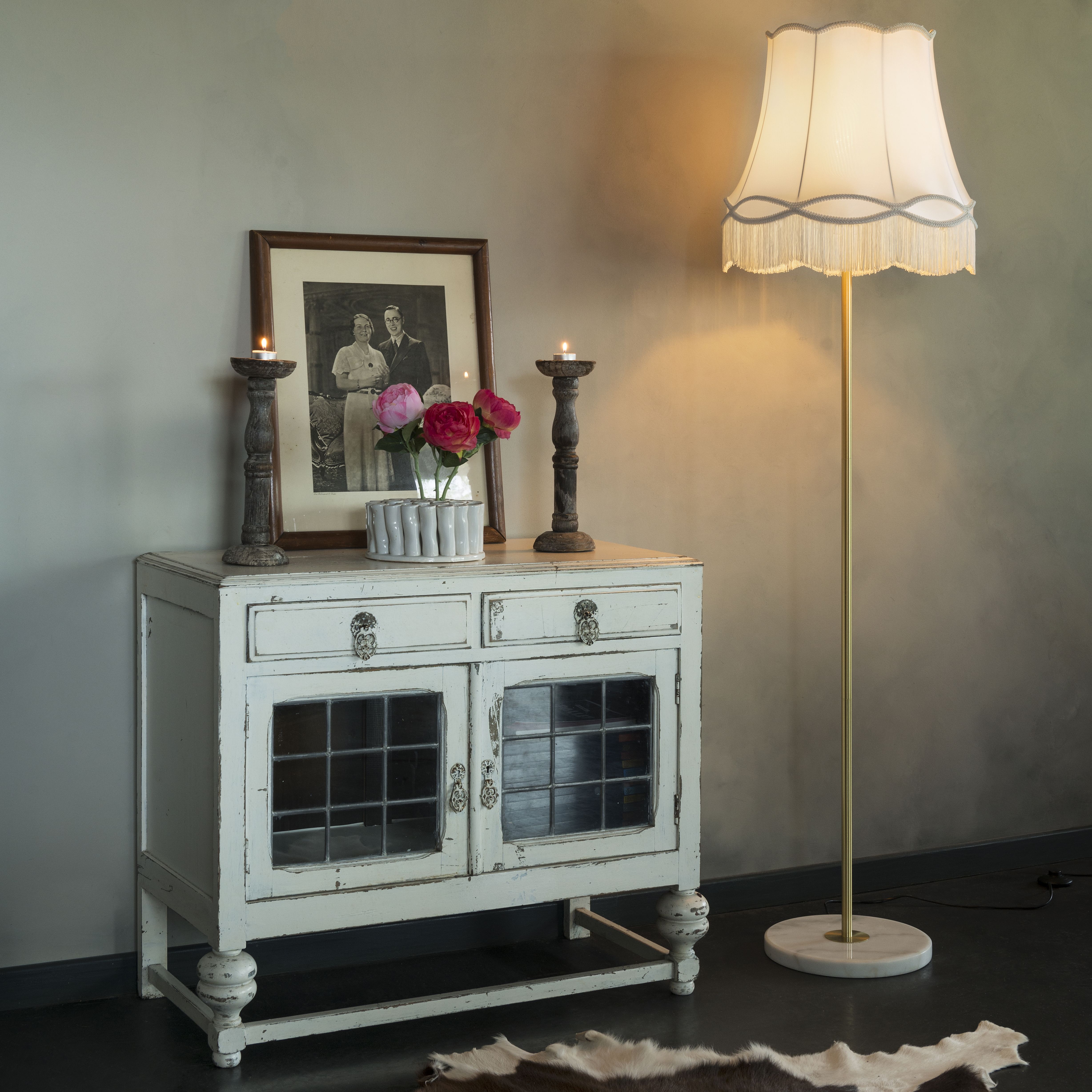 Retro vloerlamp messing met Granny kap crème 45 cm - Kaso