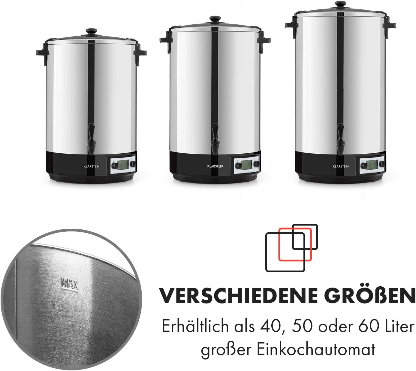 Klarstein KonfiStar 50 Digital Einkochautomat Einkochtopf Einkocher Heißgetränkespender, 50 Liter, 2500 Watt, 30-100 °C, Timer, Warmhalte-Funktion, Deckel mit Verschluss, Edelstahl poliert