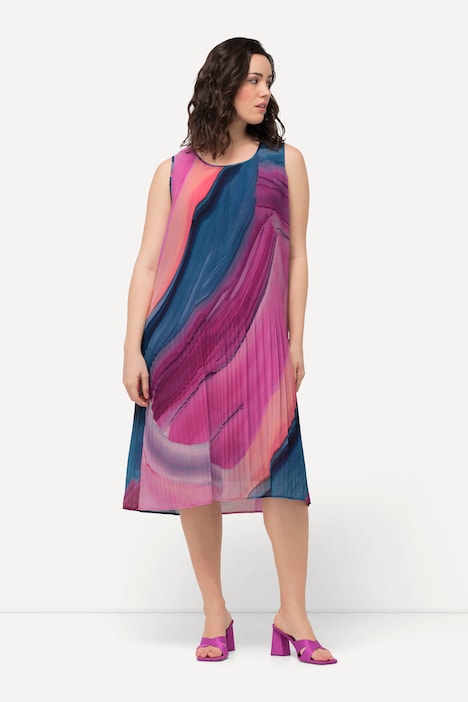 Plissee-Minikleid, Farbverlauf, A-Linie, Rundhals, ärmellos