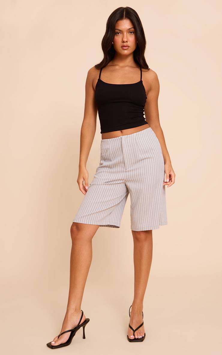 Bleu Short Long Rayé À Fines Rayures Léger