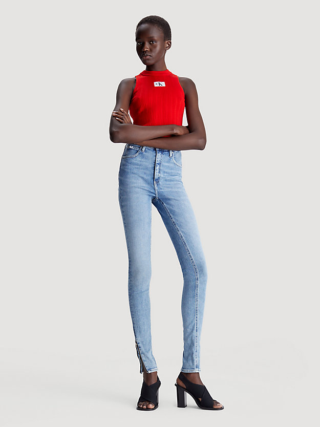 Calça jeans super skinny de cintura alta com zíper na barra