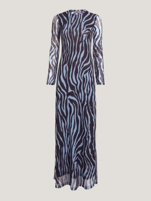 Vestido longo de alças finas com estampa de zebra e tule