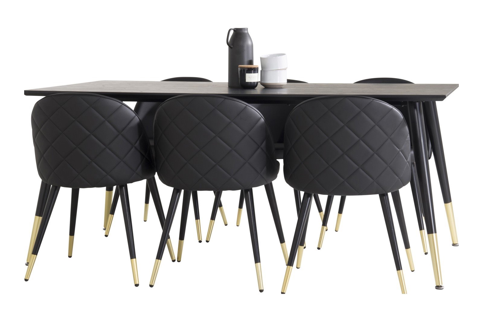 Dipp og Velvet Spisegruppe Dipp spisebord i sort finér med 6 stk. Velvet spisestoler i Sort og messing ben.