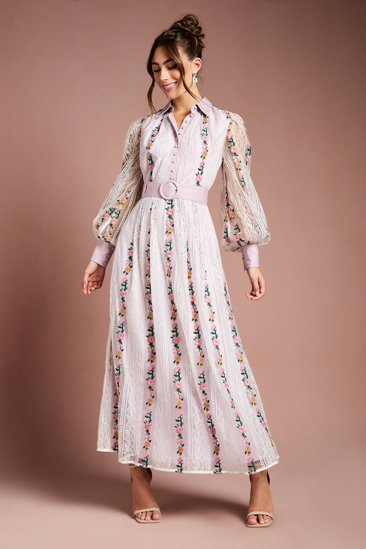 Coast Robe Mi-Longue Ceinturée à Manches Bouffantes en Maille Brodée et Dentelle