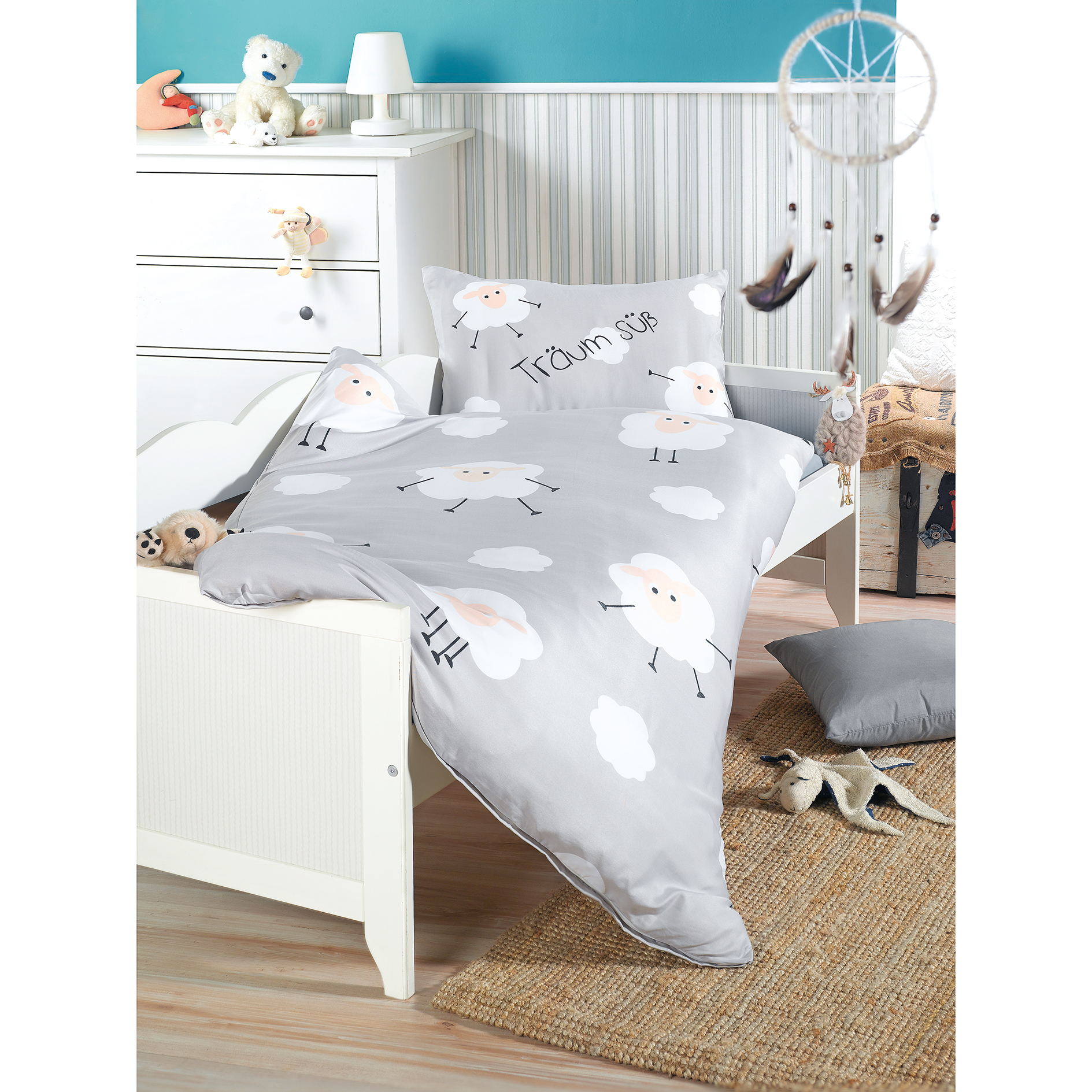 Microfaser-Kinderbettwäsche - grau-weiß - Schafe - 100x135 cm