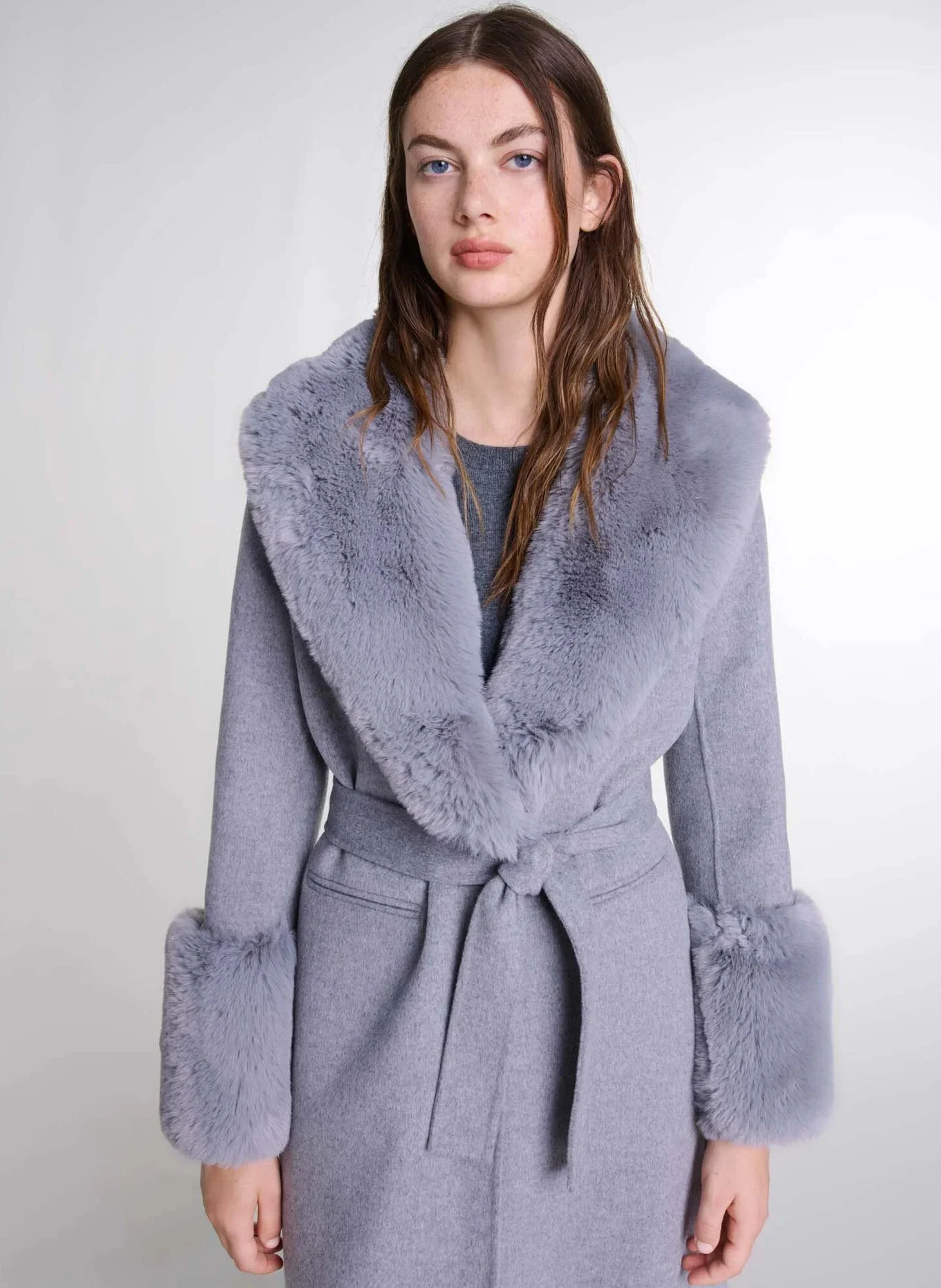 Manteau droit col châle en laine mélangée | Gris