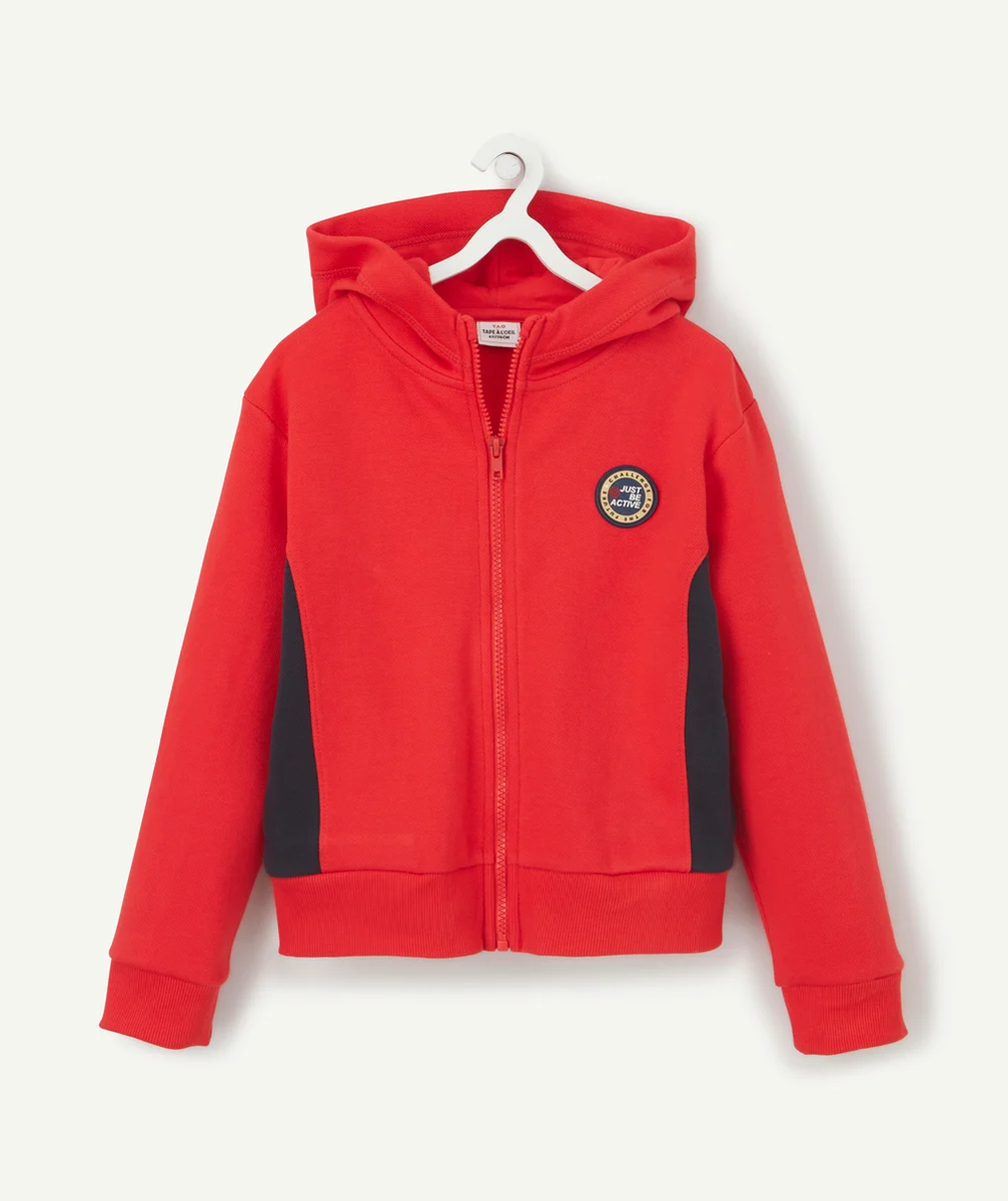 SWEAT ZIPPÉ À CAPUCHE GARÇON ROUGE AVEC BANDES BLEU MARINE