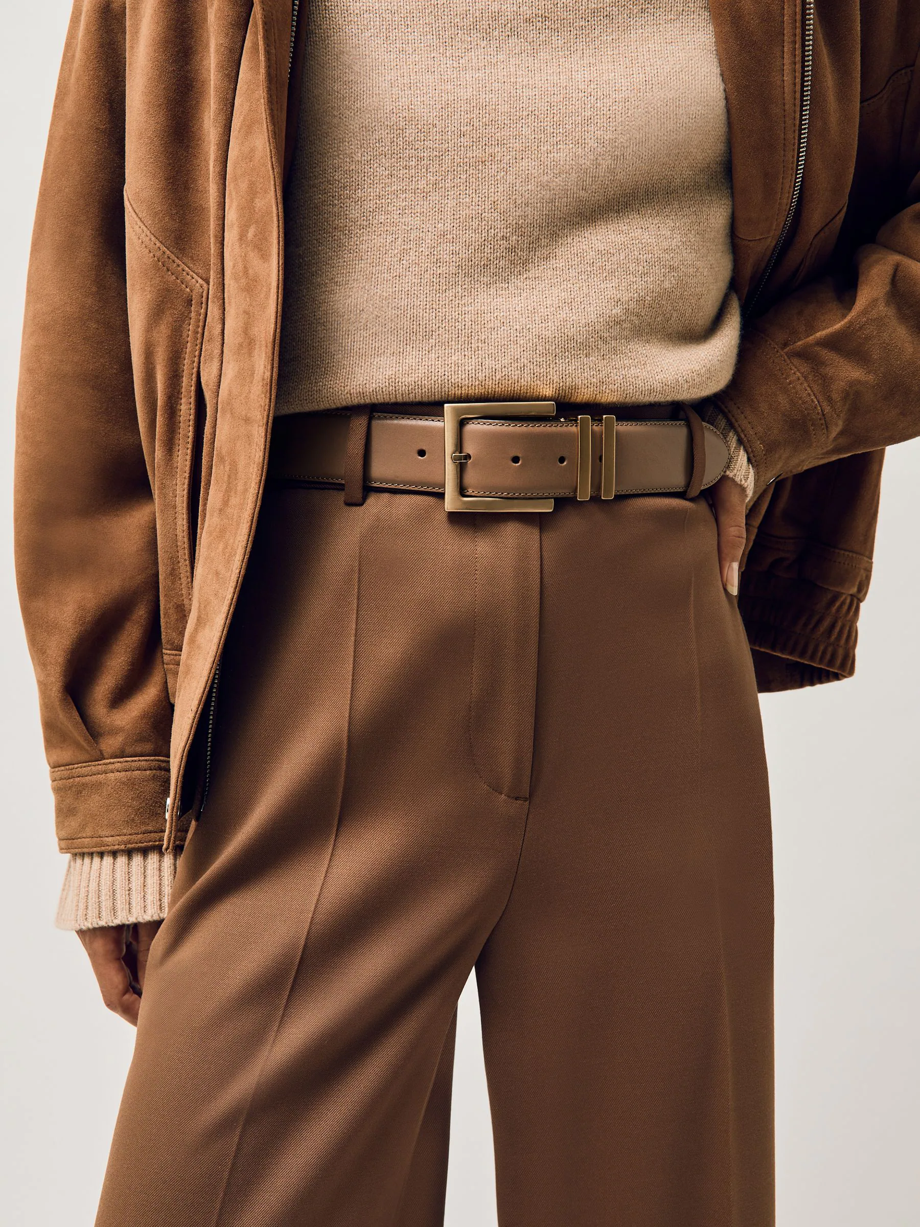 Camel/taupe - Reiss Brompton leren riem met vierkante gesp