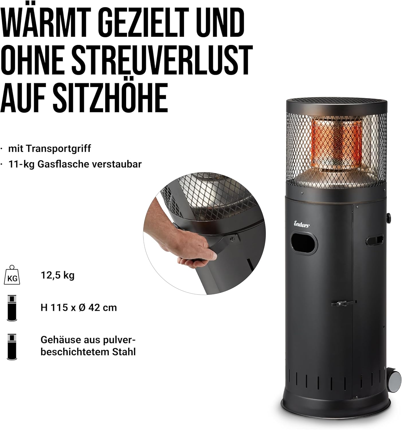 Enders® Terrassenheizer Gas Polo Black 2.0, Gas-Heizstrahler, Terrassenstrahler mit stufenloser Regulierung, ENDUR Reflektionssystem, Transporträder, Umkippsicherung #5464