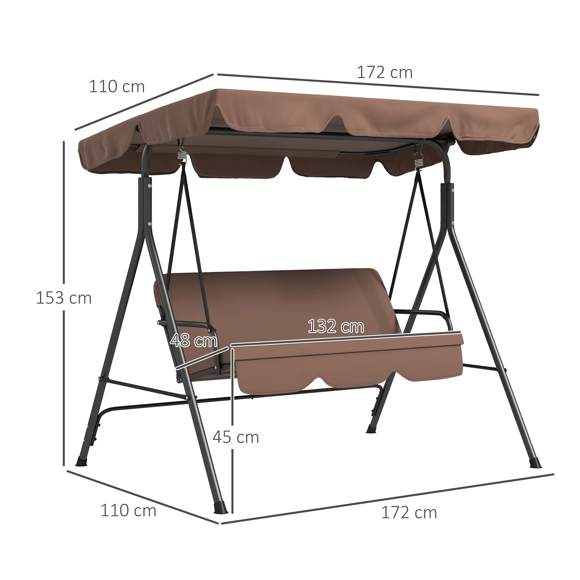 Outsunny Hollywoodschaukel mit verstellbarem Dach schwarz 172L x 110B x 153H cm