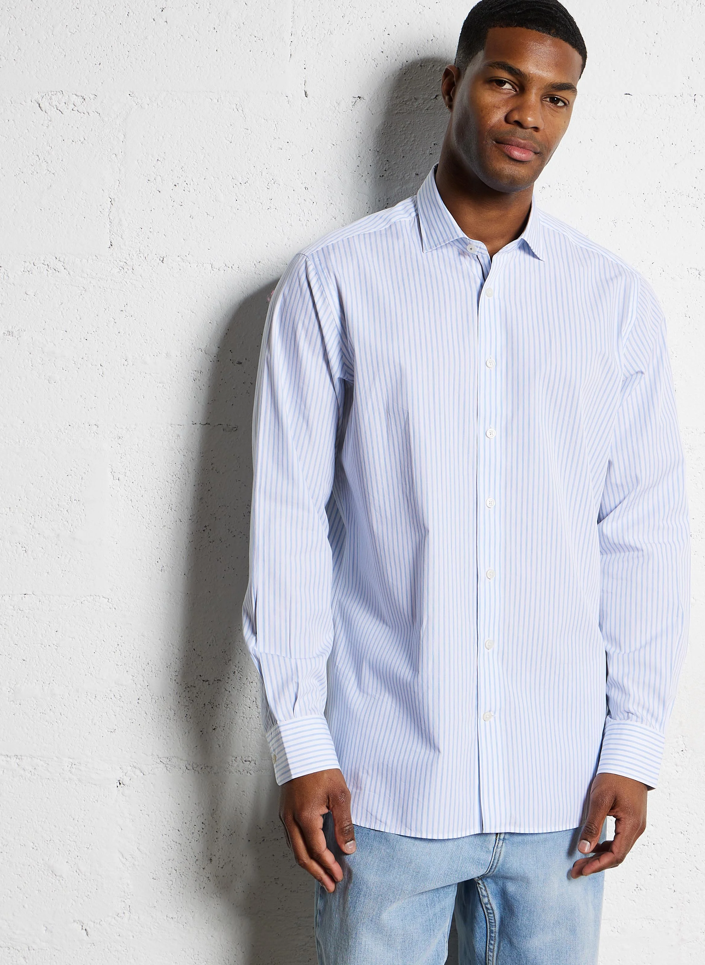 Chemise droite en coton rayé | Bleu