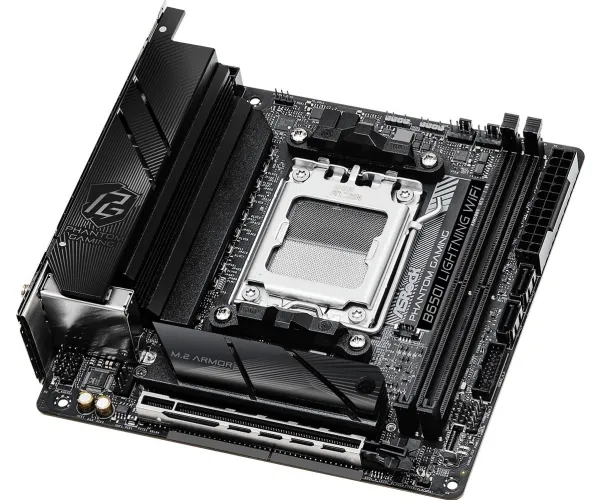 ASRock Phantom Gaming B650I Lightning WiFi - Bundkort - mini ITX - Socket AM5 - AMD B650 Chipset - USB-C 3.2 Gen2, USB-C 3.2 Gen 1, USB 3.2 Gen 2, USB 3.2 Gen 1 - 2.5 Gigabit LAN, Wi-Fi 6E, Bluetooth - onboard grafik (CPU påkrævet) - HD Audio (8-kana
