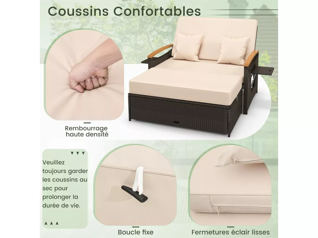 Salon de Jardin en Rotin et fibre naturelle avec Ottoman de Rangement, Bain de Soleil avec Plateau Latéral Rétractable Dossier Réglable Coussins 4 Positions, Canapé à 2 Places Charge 360KG, Beige