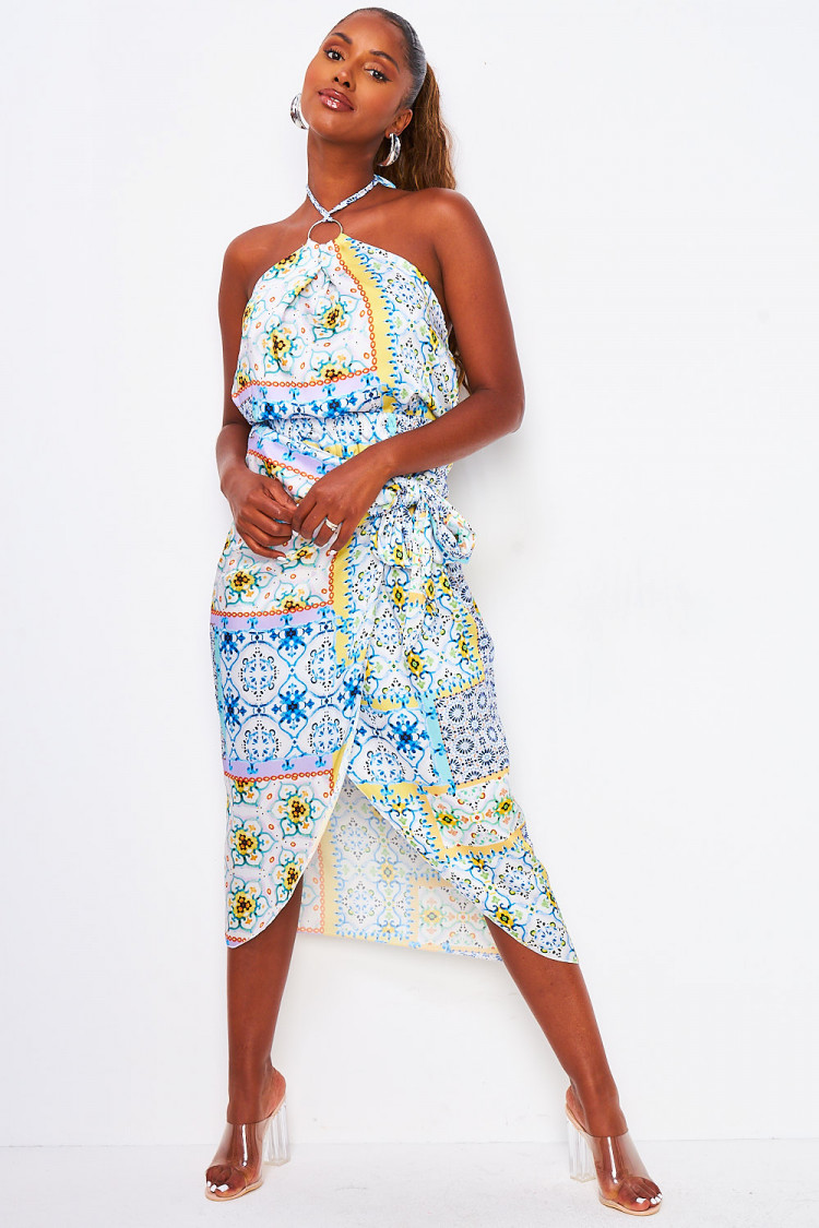 Ensemble imprimé bleu top + jupe