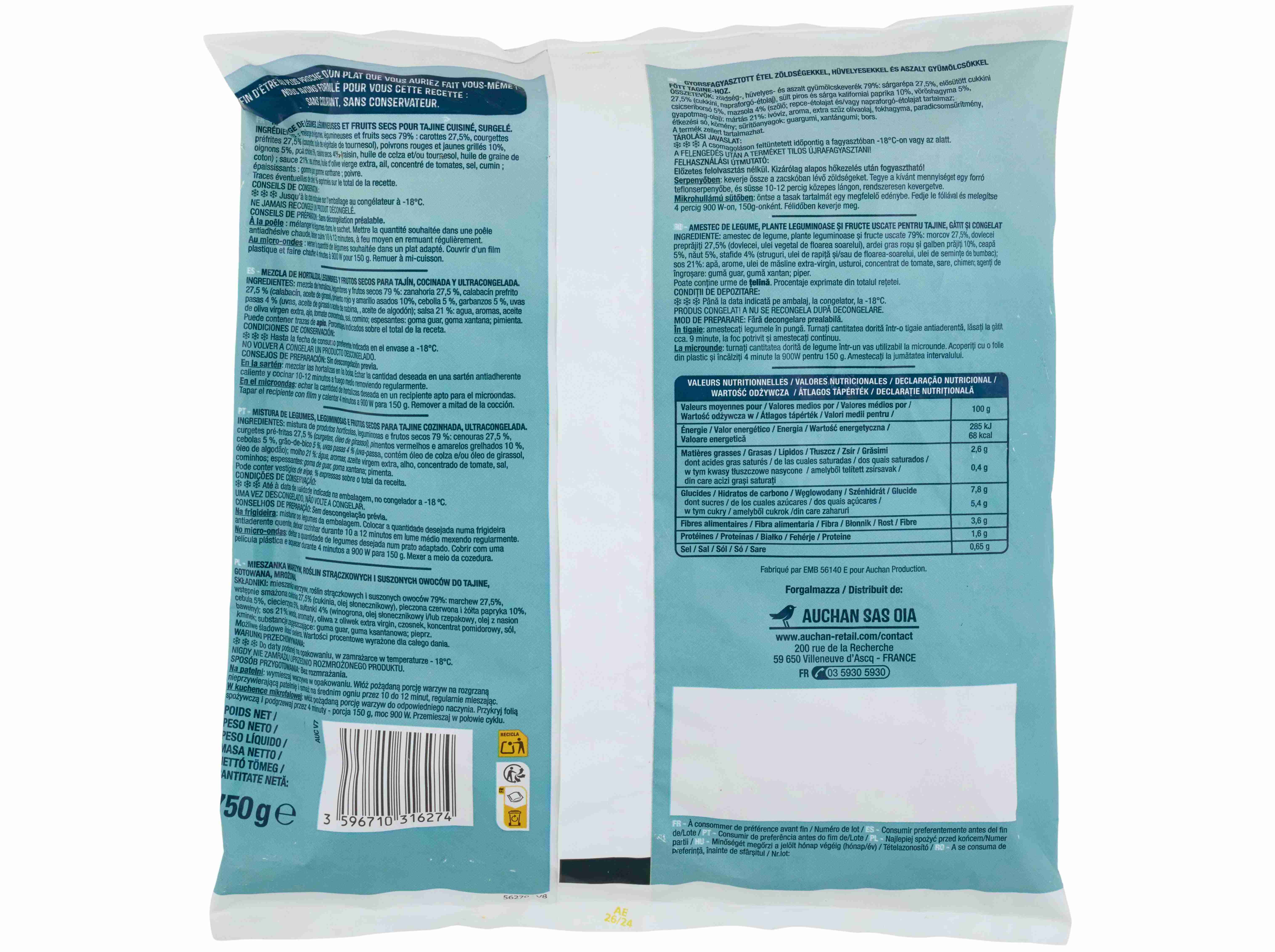 MISTURA DE LEGUMES AUCHAN LEGUMINOSAS E FRUTOS SECOS PARA TAJINE COZINHADA 750G