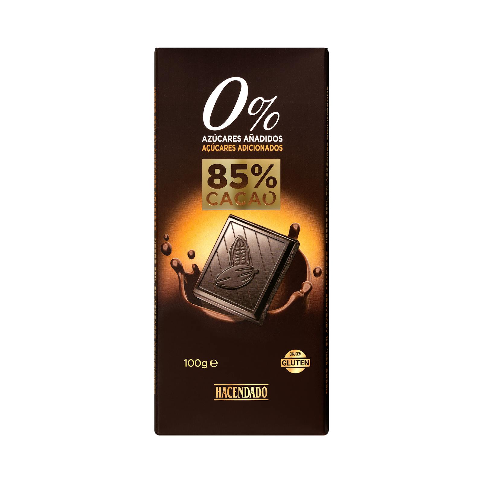 Chocolat noir 85% de cacao extra-fin et édulcorant Hacendado 0% de sucres ajoutés