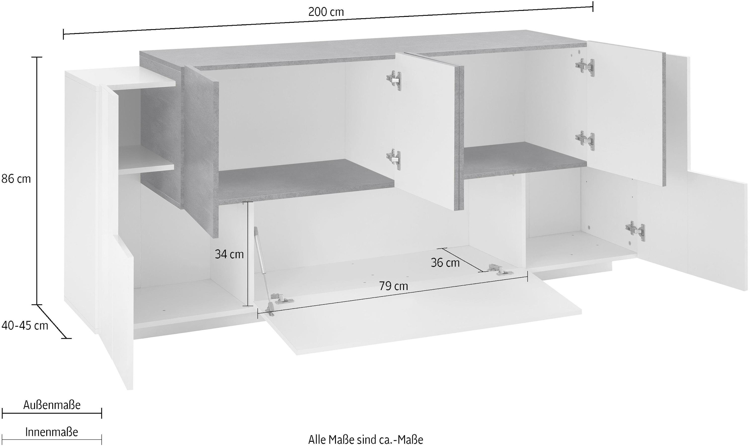INOSIGN Sideboard »Coro, Kommode, Schrank, Kredenz, grifflos mit Einlegeböden« 1 Klappe, 6 Türen, Doppeltiefe, B/T/H 200x86x45cm