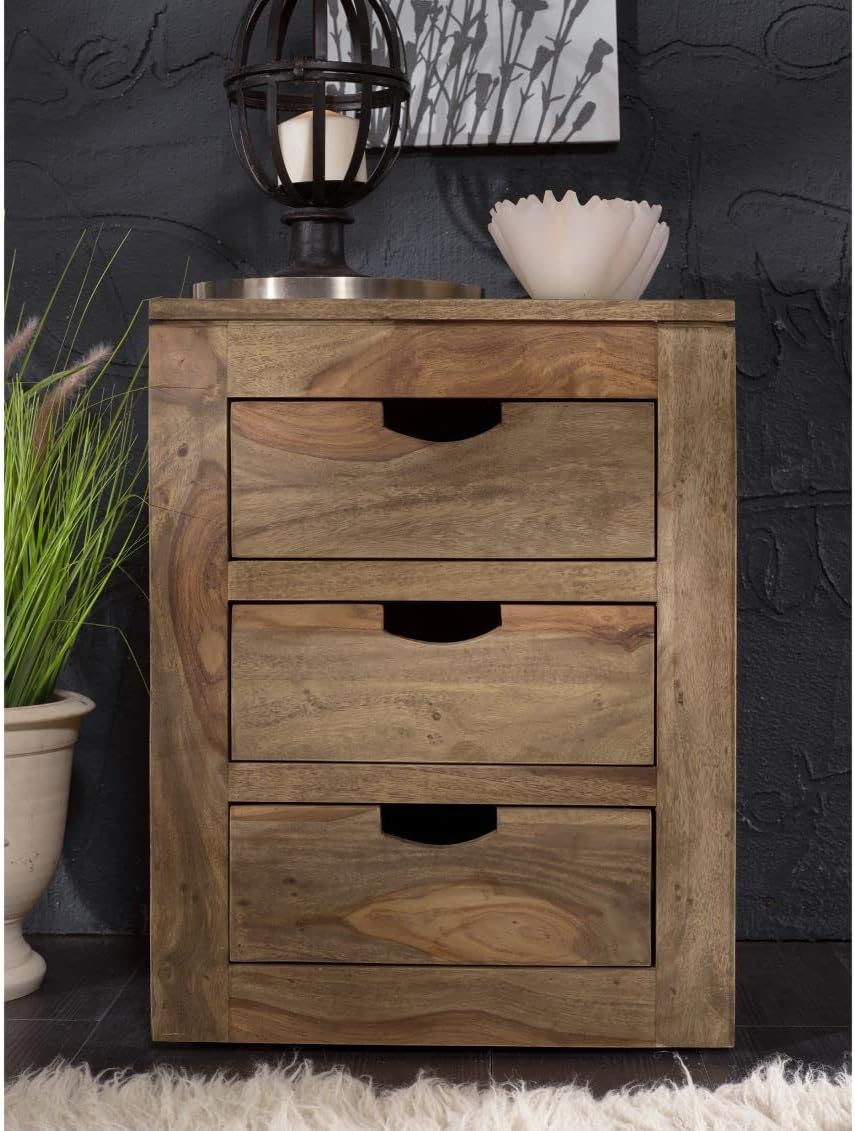 Massivmoebel24.de | Nature Grey massiver Rollcontainer #714 - Grau, geölt | aus Sheesham-Holz | 3 Schubladen - rollbar | 45x40x60cm | Schreibtisch-Schrank Container Beistellschrank