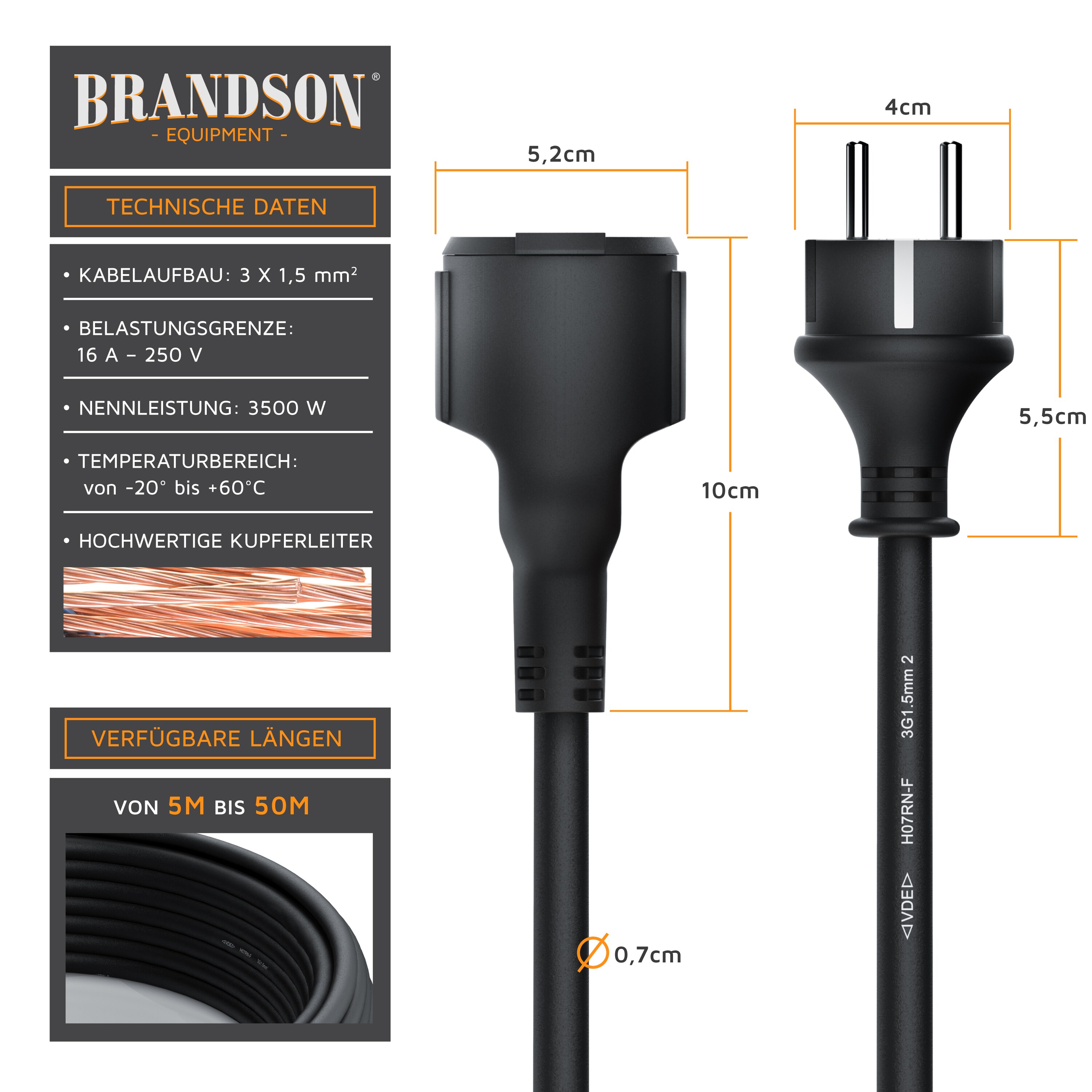 Brandson Schutzkontakt Verlängerungskabel für Outdoor 3500 W Strom Kabel für den Außenbereich / IP44 - 15m
