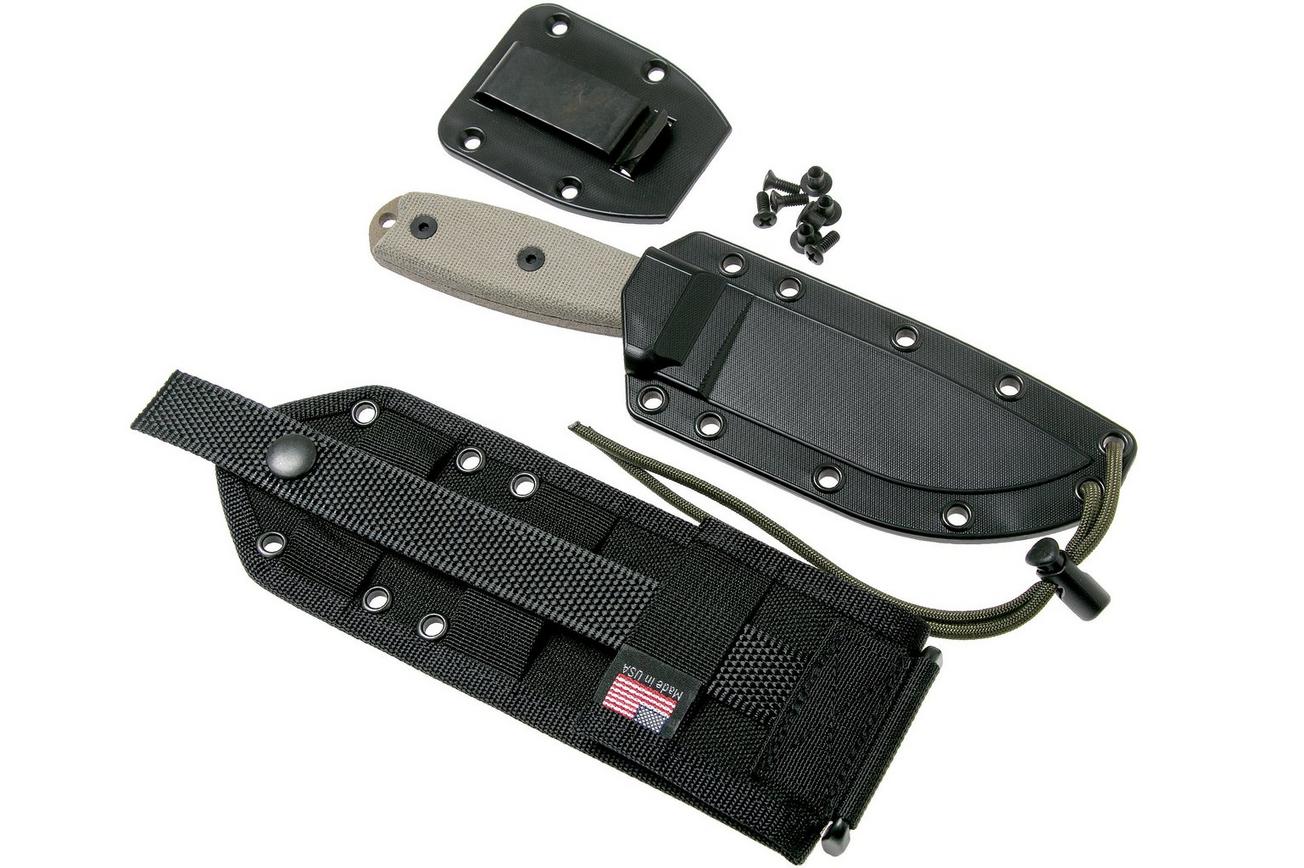 ESEE Model 4 dark earth blade, grey handle 4P-MB-DE met zwarte schede   clip en MOLLE-back