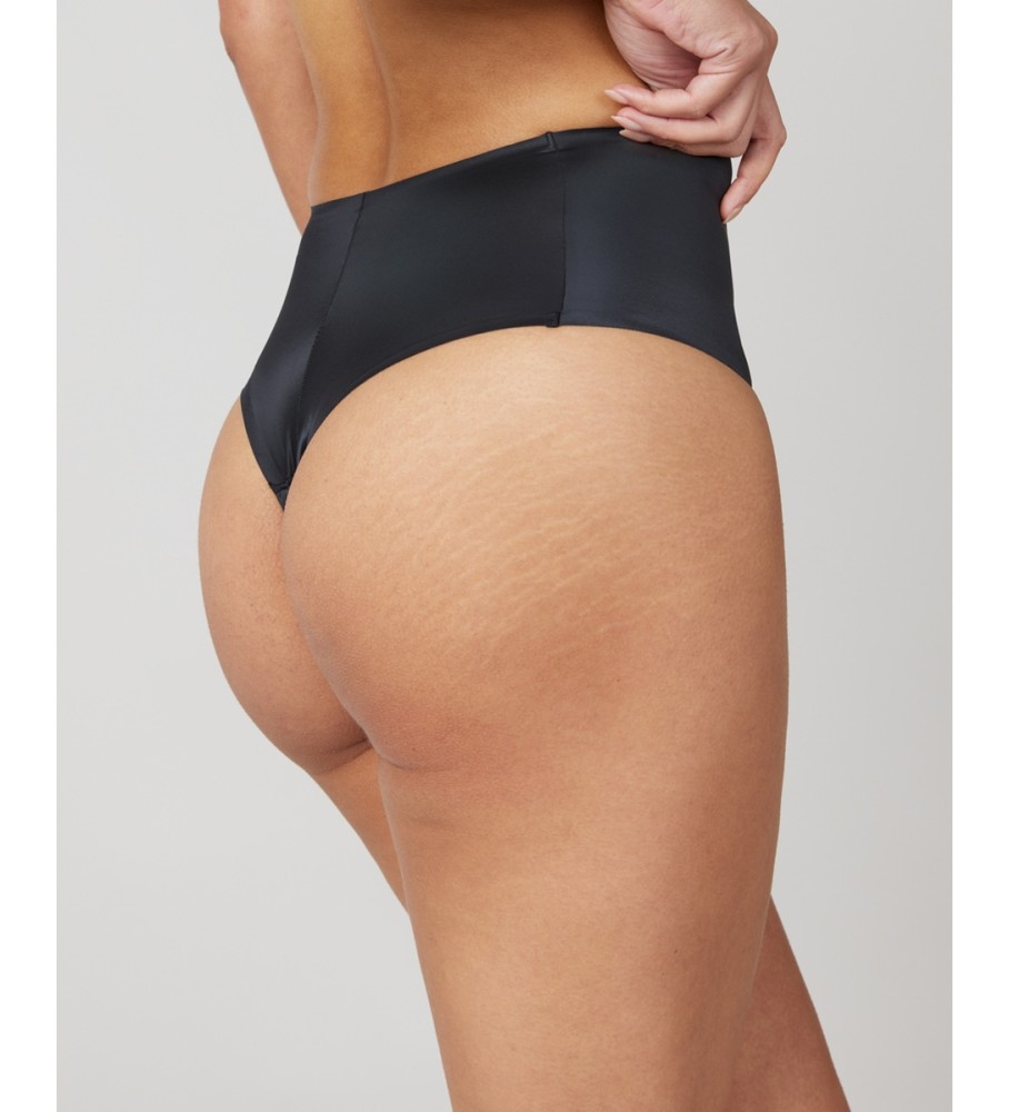 Calcinha fio dental modeladora SPANX preta de cetim