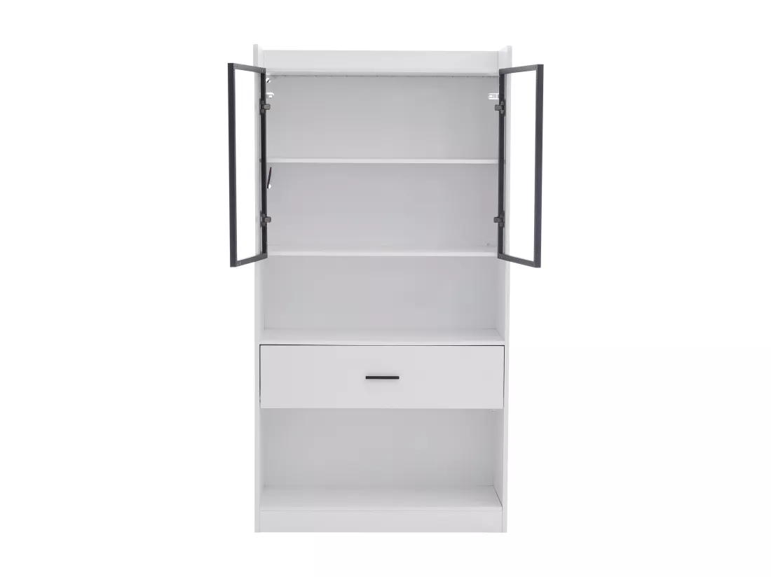 Vitrine 32x80x153.5 cm avec LED - 2 portes vitrées et 1 grand tiroir - Blanc