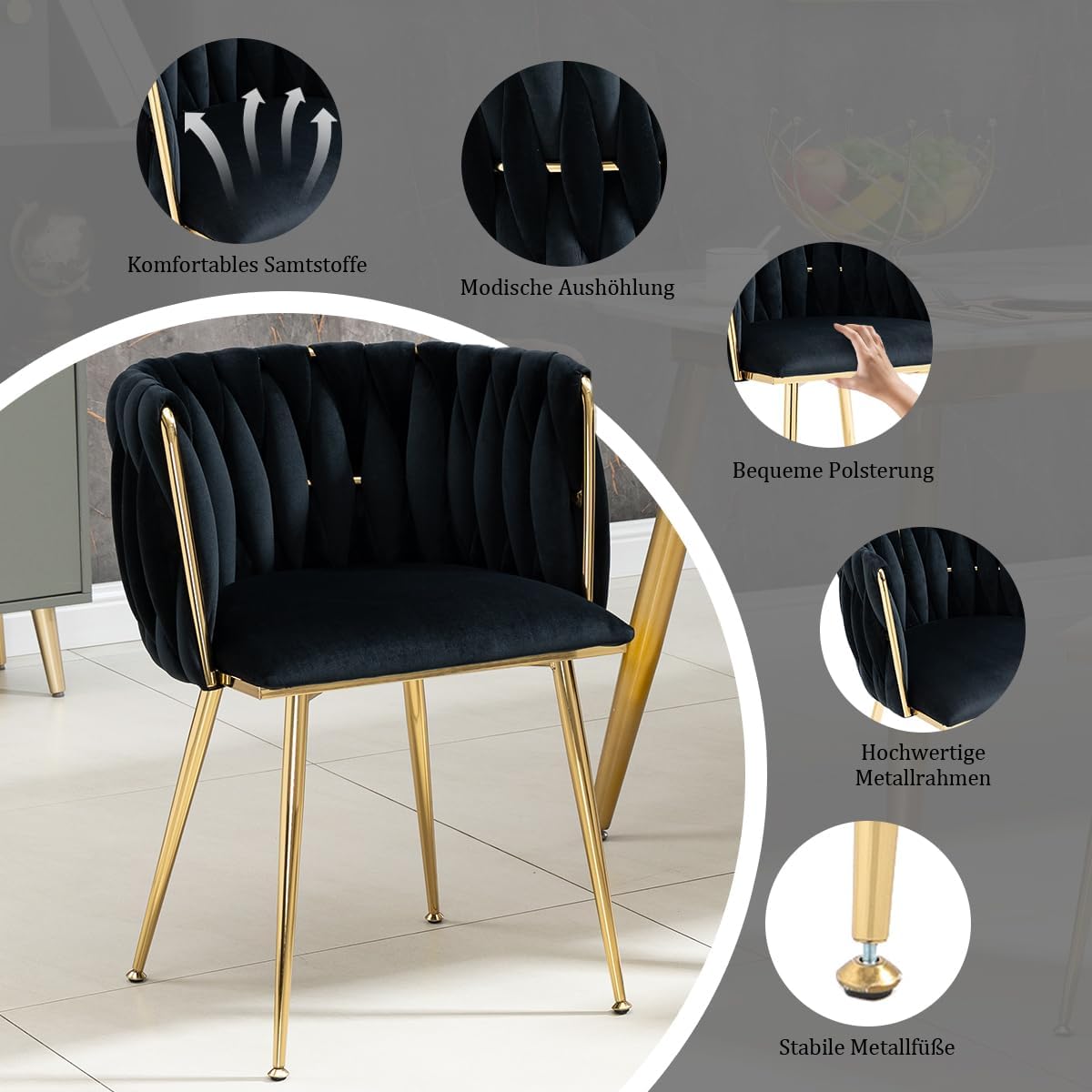 Esszimerstühle Samt 2er Set, Küchenstühle mit Goldenen Beinen und Armlehne, Polsterstuhl, Sessel mit handgewebten, Schminktisch stuhl, für Esszimmer, Küchen, Wohnzimmer, Schlafzimmer, Schwarz