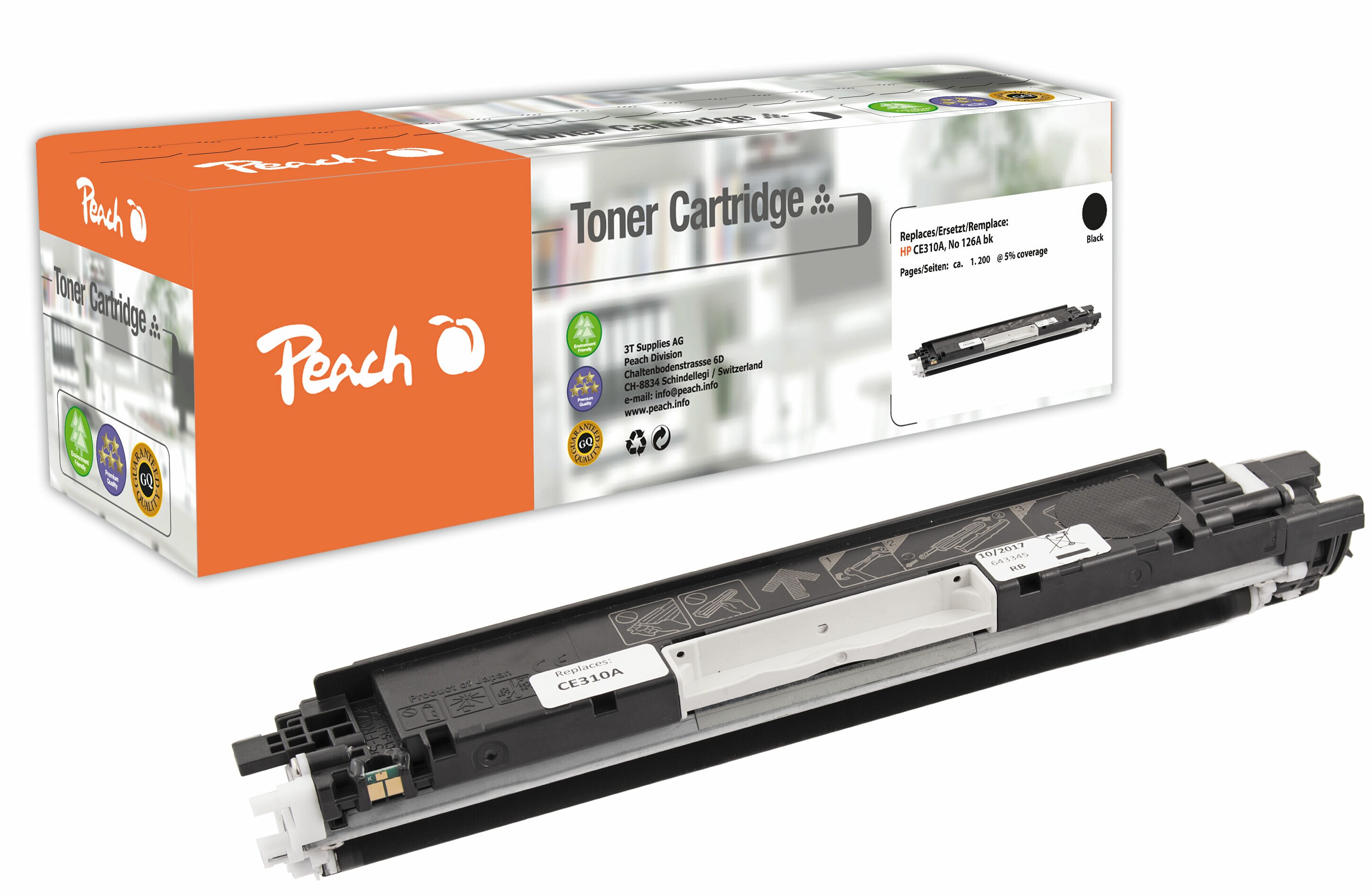 Peach HP 126 ABK Toner bk ersetzt HP No. 126A BK, CE310A für z.B. HP Color LaserJet Pro CP 1000, HP Color LaserJet Pro CP 1020, HP LaserJet CP 1000 (wiederaufbereitet)