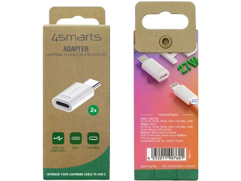 4smarts Adapter Lightning auf USB-C PD 27W 2er Set Lightning auf USB-C Adapter mit 27 W PowerDelivery