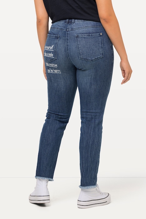 Jeans Sarah, Schriftdruck, High Waist, schmal, Fransen