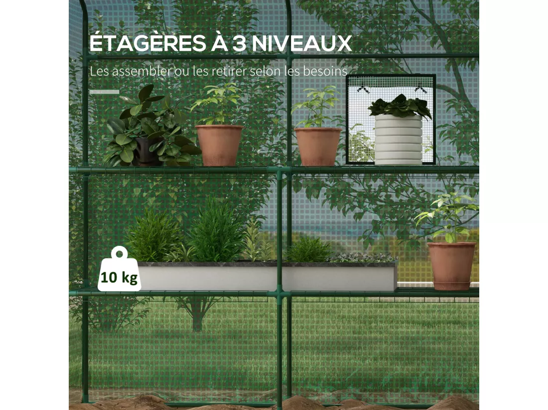 Serre de jardin 6 tablettes dim. 1,4L x 0,73l x 1,9H m porte déroulante fenêtres acier PE haute densité vert