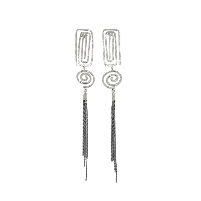Boucles d'oreilles en plaqué argent pendentif avec fil martelé à la main et chaînes - Bijou de créateur
