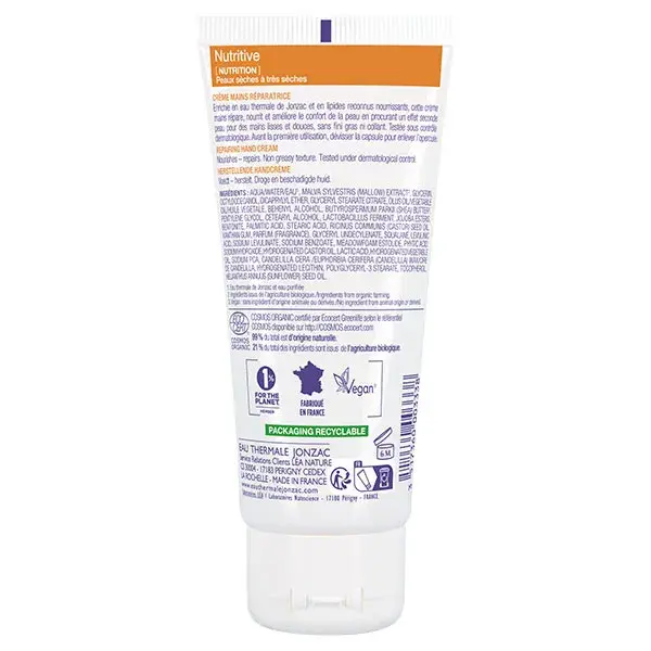 Creme para as mãos nutritivo com água termal Jonzac e efeito protetor, orgânico, 50ml