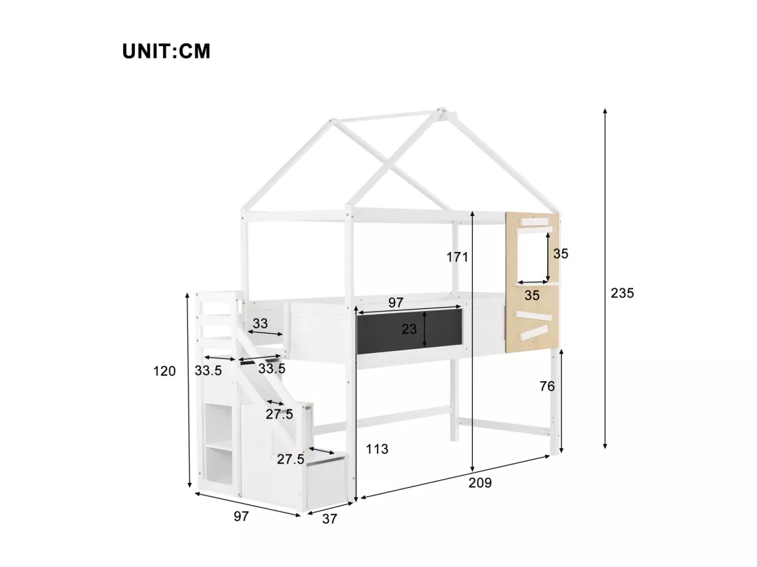 Lit cabane enfant,90x200cm,avec escalier,avec tiroirs et barrière de protection,fille,garçon,cadre en bois massif,blanc