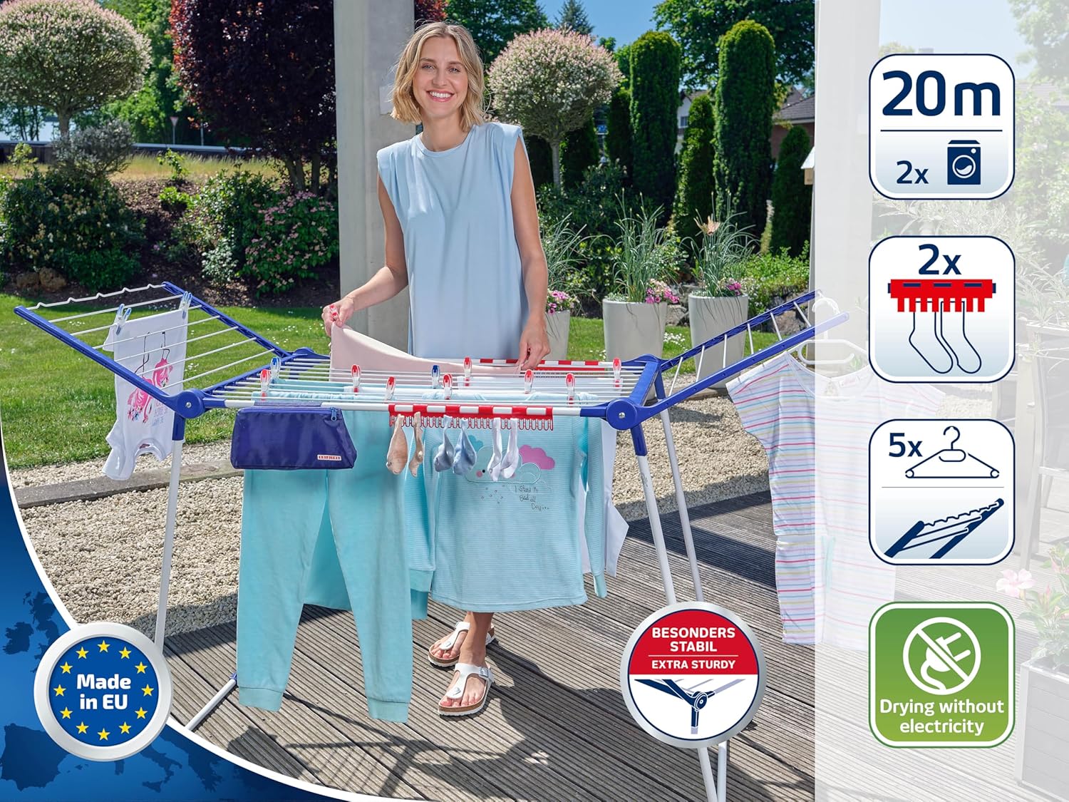 Leifheit Pegasus 200 Solid Comfort vrijstaande droogkast met 20m drooglengte, vleugeldroogkast voor lange kledingstukken, droogrek met strijkstangen