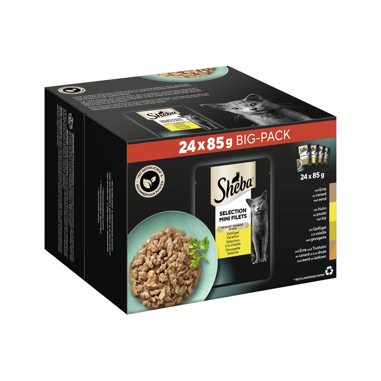 Sheba Selection Mini Filets Nassfutter Katze Adult, Mixpaket, Geflügel Variation, in Sauce 24x85 g