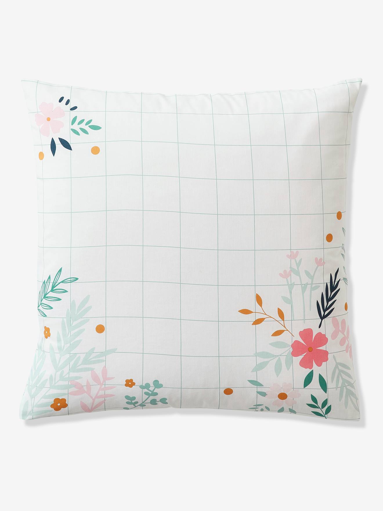 Conjunto de capa de edredom e fronha infantil em algodão orgânico, com estampa floral lisa em branco claro.