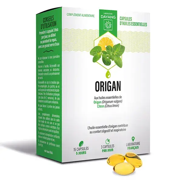 Suplemento alimentar de orégano Dayang e óleos essenciais orgânicos, 15 cápsulas.