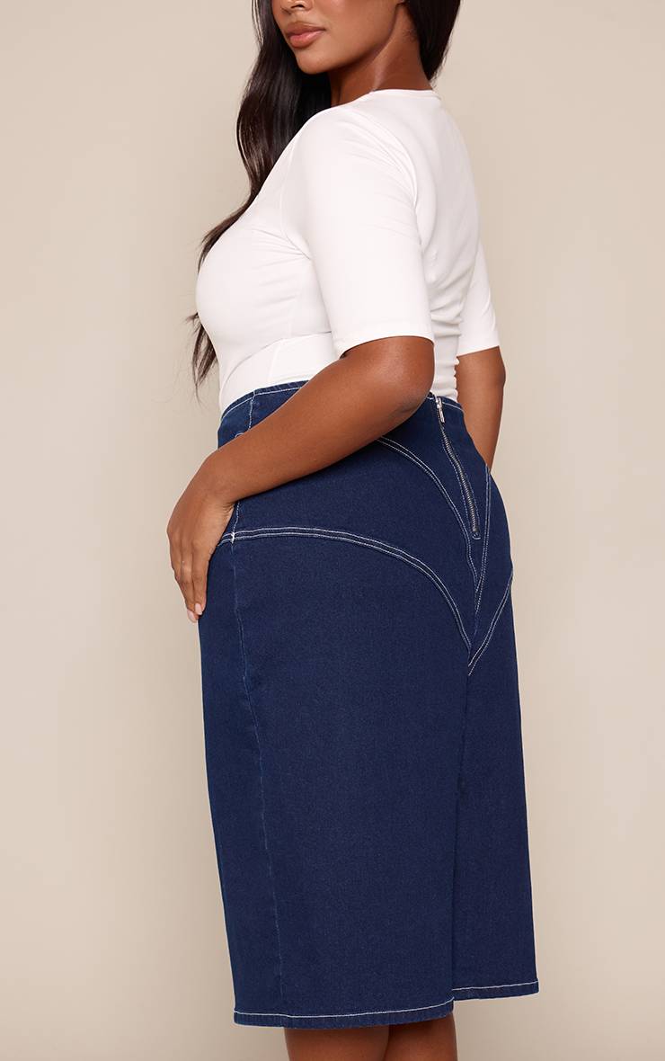 Bleu Indigo Jupe Midi En Denim Grande Taille Avec Détails De Coutures Contrastées