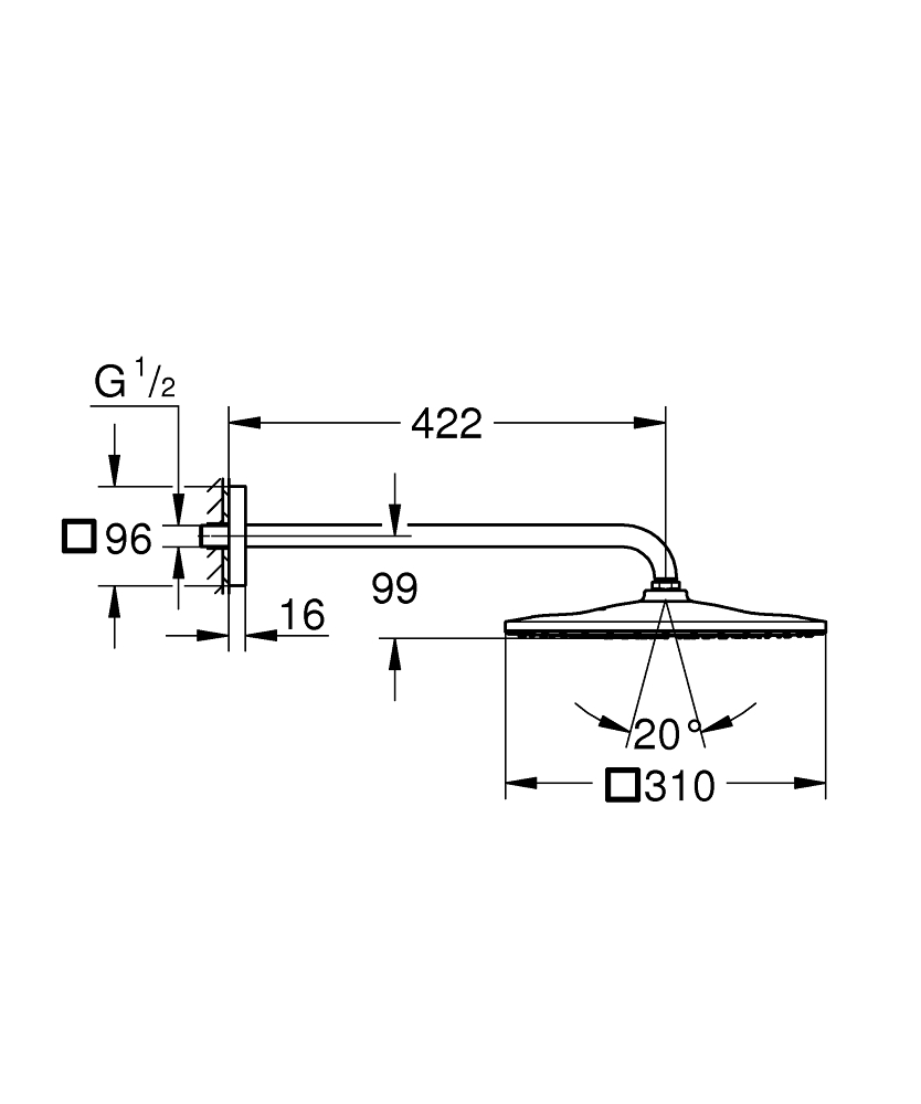 Grohe Rainshower hoofddouche vierkant met douchearm wandmontage hard graphite