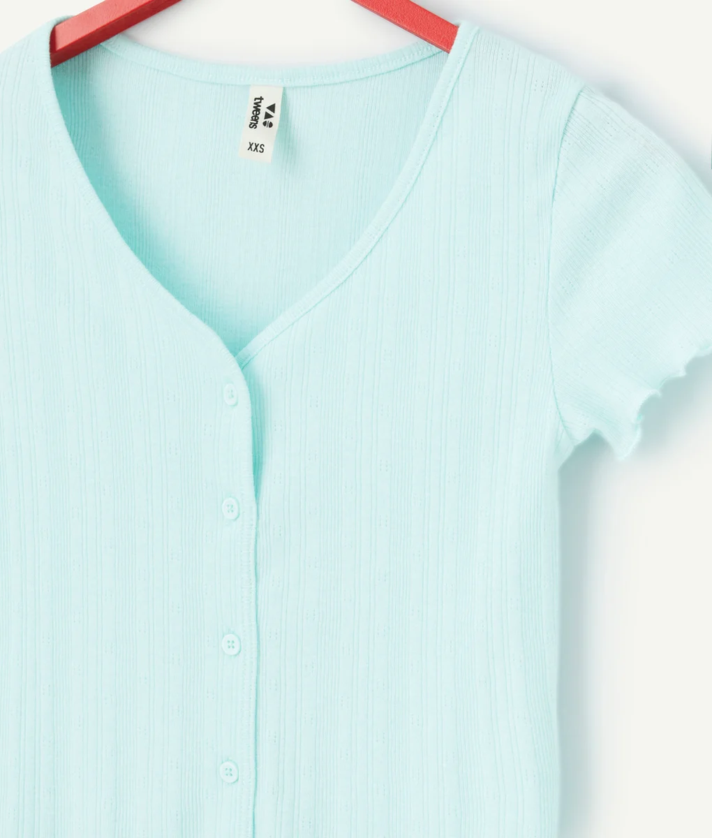 T-SHIRT TRICOT FILLE EN COTON BIO CÔTELÉ BLEU AVEC FESTONS
