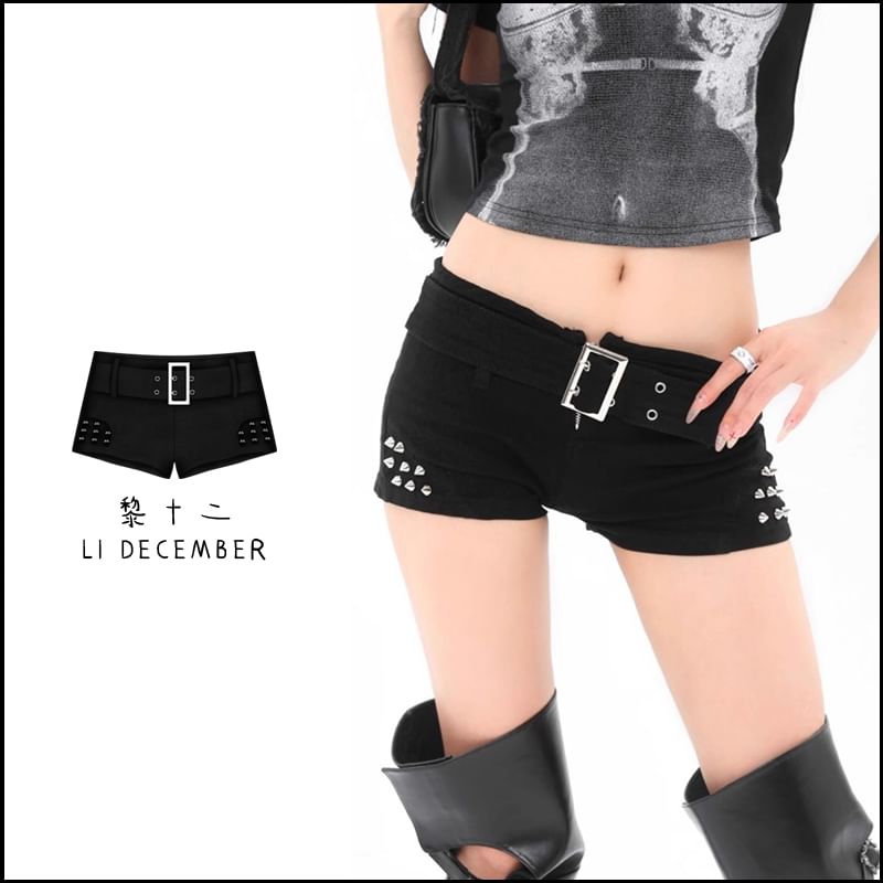JVL - Lage taille denim shorts met riem en studs
