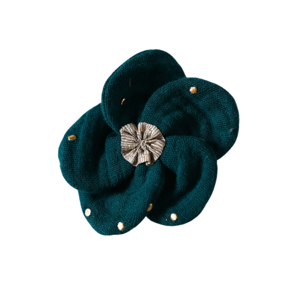Petite Barrette Pétales De Fleur Gaze Pois Or Vert Canard