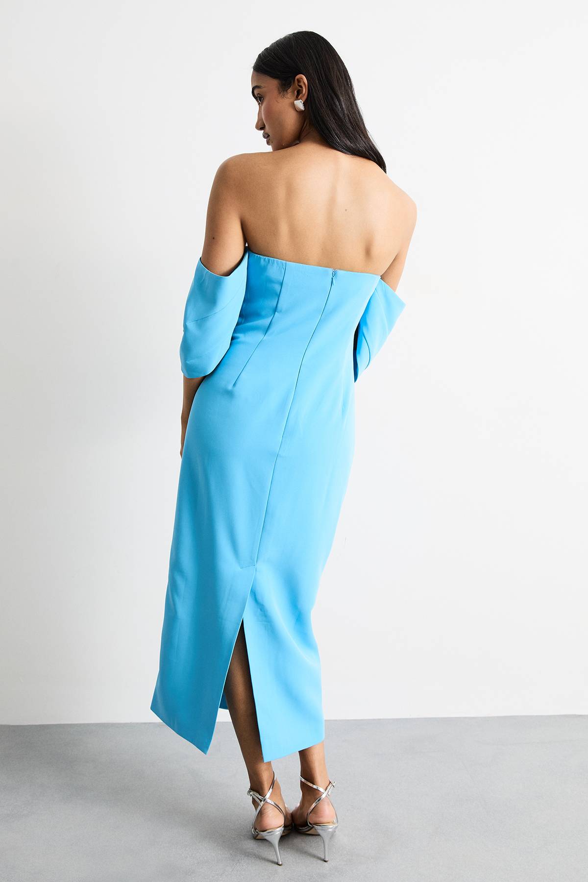 Warehouse Robe Midi Colonne Bardot en Crêpe Stretch