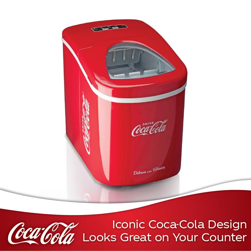 Salco Coca Cola Eiswürfelmaschine – Ice Maker mit 2 Eiswürfelgrößen – 12 kg Eiswürfel pro Tag – Retro-Design Rot – Tragbare Eiswürfelmaschine für Cocktails, Getränke & Partys