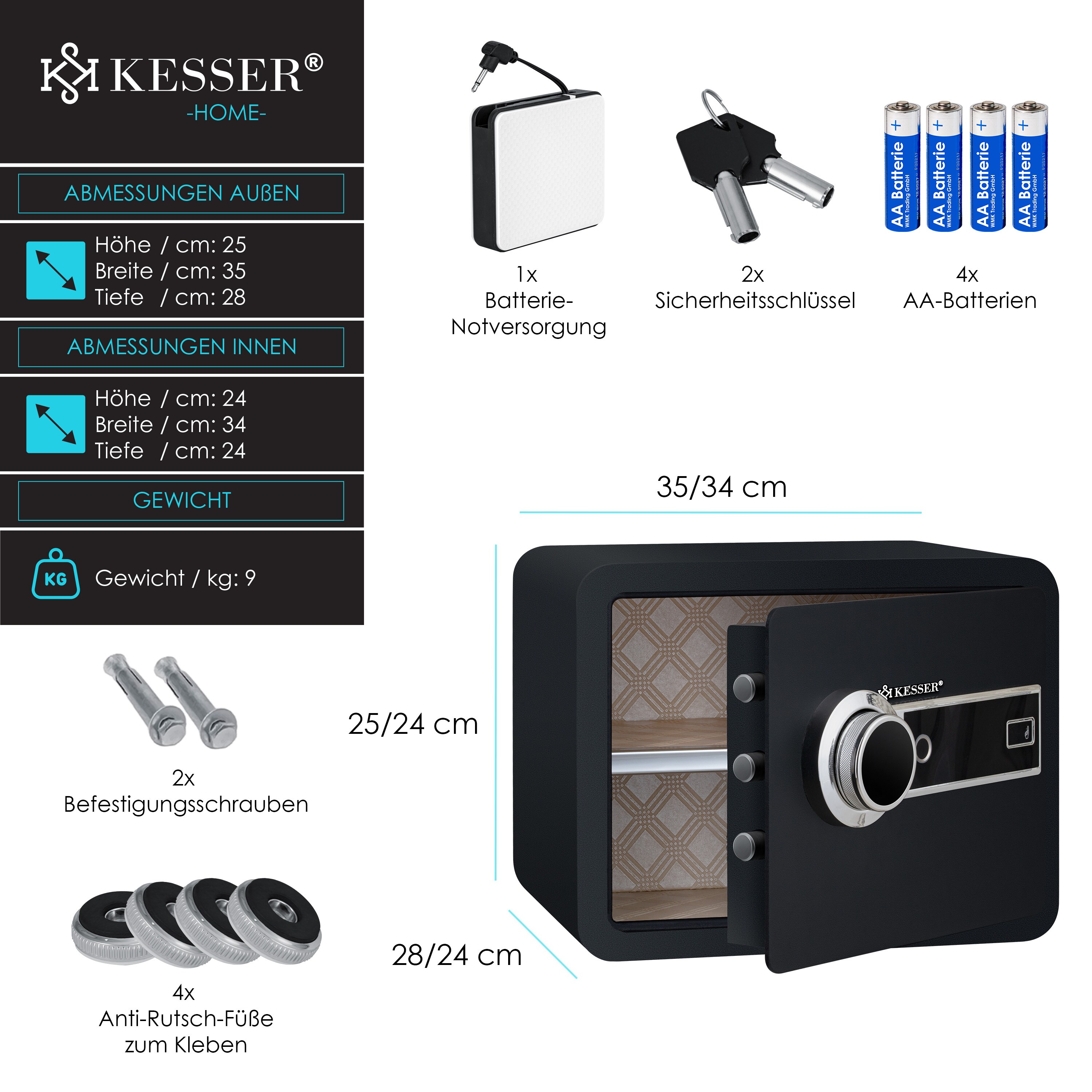 KESSER® Elektr. Tresor mit Fingerabdruck | Inkl. Batteriebox | Elektronischer Safe | 3x Doppelbolzenverriegelung | Boden Wandtresor | Möbeltresor | Beleuchtung | Panzerschrank Zahlenschloss