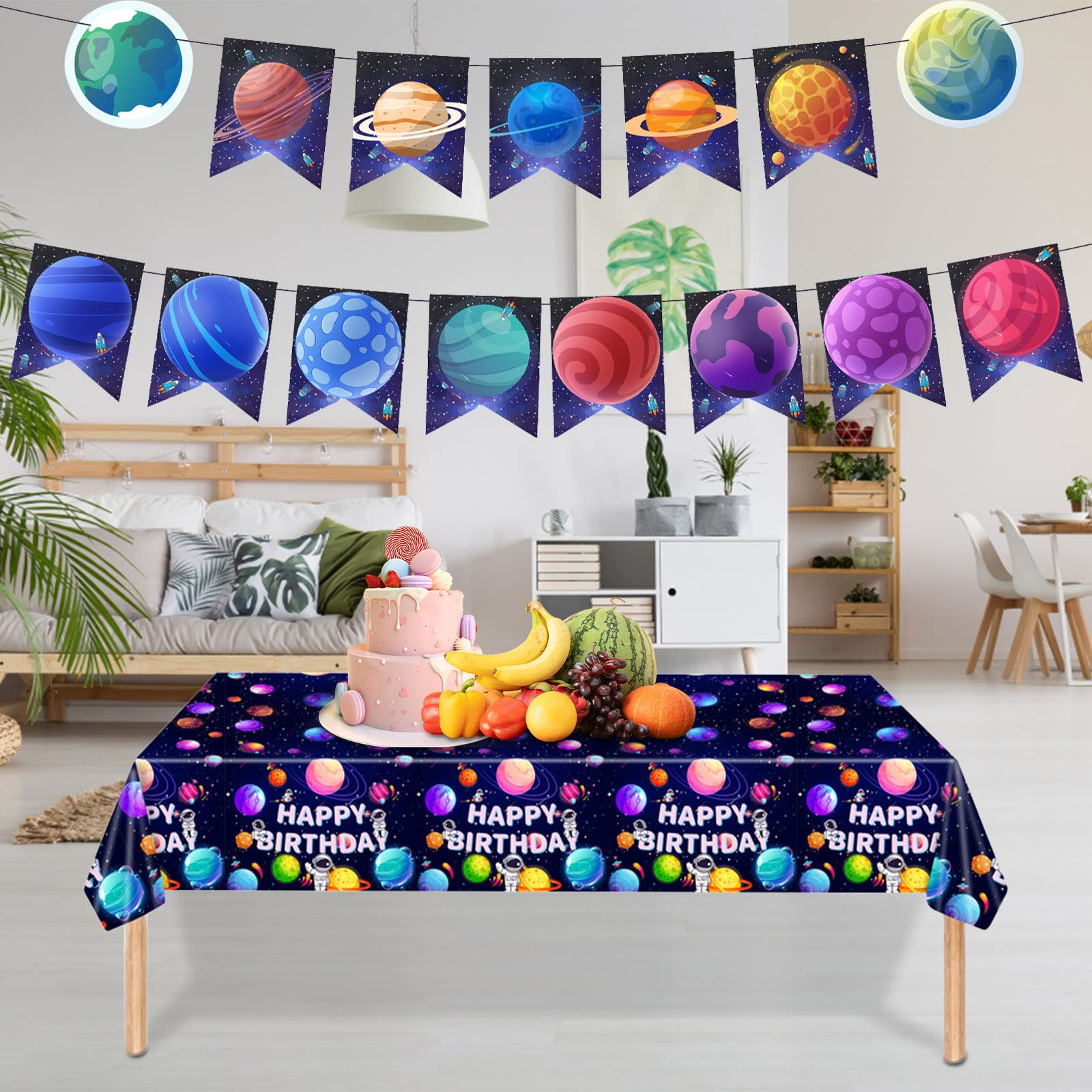 (82-tlg. Set) Einweg Geschirr Space Geburtstags Party Tisch Deko ink. Planeten Girlande / Happy Birthday Tischtuch - Astronaut
