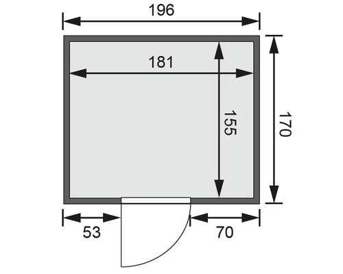 Karibu Sodina modulaire sauna zonder oven en dakrand, met houten deur en geïsoleerd glas.