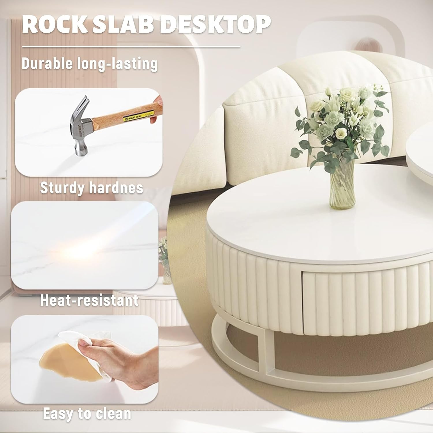 2 weiße Couchtische, ausziehbar, rund, mit Aufbewahrung, Marmor und robuster Metallrahmen, modern und ausziehbar, für Wohnzimmer und Büro