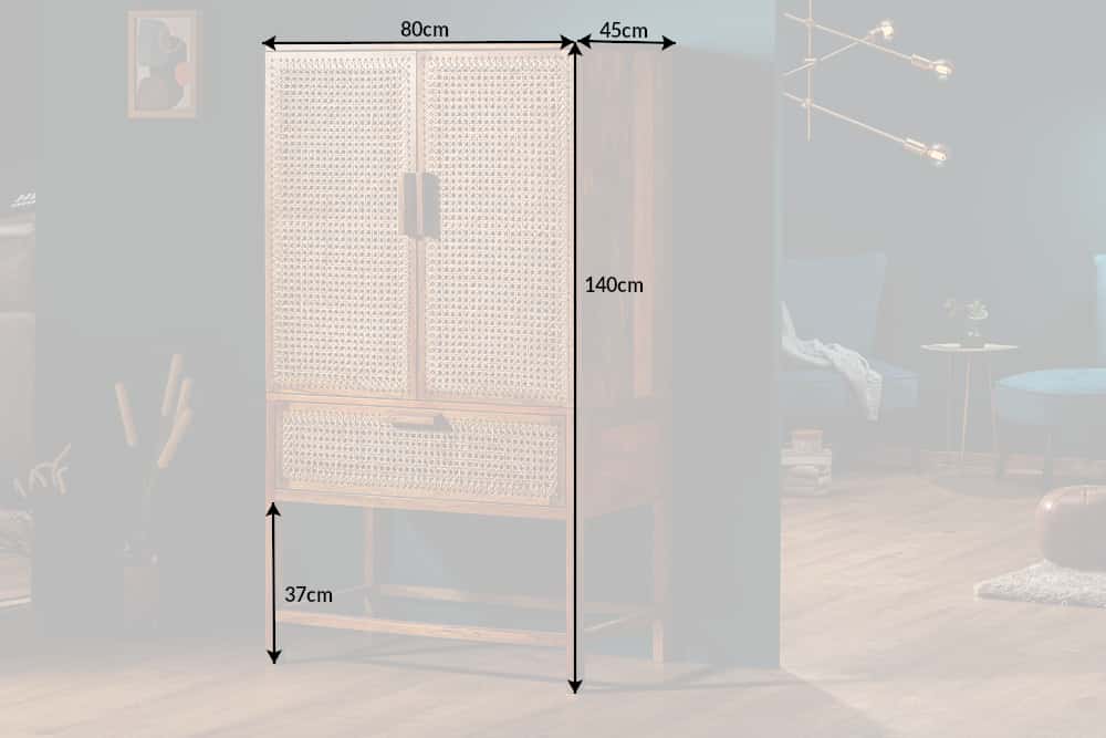 Massives Highboard BAMBOO LOUNGE 140cm Mangoholz Bambus mit Wiener Geflecht